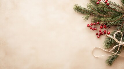 Christmas decorations featuring pine branches and red berries arranged on a neutral background for a festive look during the holiday season