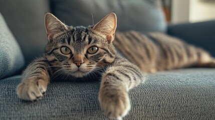 Adorable feline with paws stretched out on comfy couch
