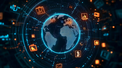 Digital Globe with Glowing Technology Symbols