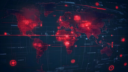 Digital World Map with Red Data Points and Arcs