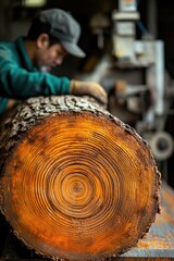 Sawmill landscape: felled trees resting in the sawmill, emphasizing intersection of nature and industry, raw materials used in woodworking, intricate journey from forest to finished product.