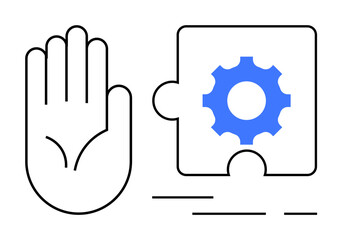 A hand raised in a stop gesture next to a gear symbol on a puzzle piece. Ideal for topics like teamwork, problem solving, project management, cooperation, and workflow. Minimalist vector style