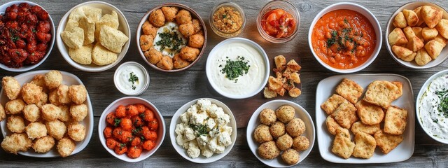 Fototapeta premium Cookbook background - products for preparing party recipes. a variety of snacks and dishes for a party, menu idea. food collage of food in plates, options.