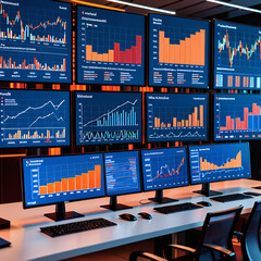 a wall of computer screens displaying graphs and graphs of stock market data and numbers on them, all showing different colors, smooth and clean vector curves