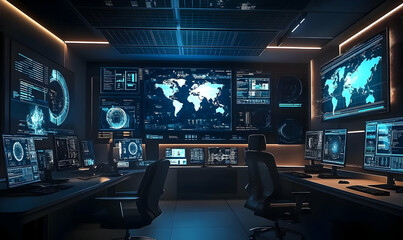 Naklejka premium Futuristic Control Room with Digital Screens