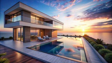 Obraz premium Experience minimalist luxury in this villa featuring a stunning pool and breathtaking sea views, beautifully captured by Summer Silhouette Photography for your ideal getaway.