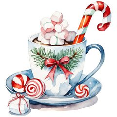 Watercolor Christmas mug of hot cocoa with marshmallows, candy cane and lollipops. Xmas cup of coffee. Cozy winter beverage. Png isolated clipart on transparent background