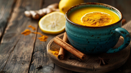 turmeric tea still life, turmeric tea with lemon slice, rustic table setting fresh roots and spices displayed around cup neutral background, ideal for text