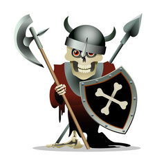 Cartoon Skeleton in Medieval Knight Clothes Isolated on White Background Vector Illustration