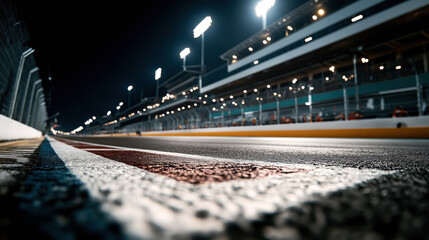 Low-angle view of an illuminated racetrack at night with stadium lights and spectator stands, highlighting track details and racing lines.