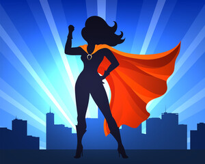 Female Superhero Standing with Raised Fist on Night Cityscape Background