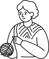 A woman ball of yarn continuous line art. Round skein of knitting outline thread isolated. Merino for knit needles, cotton for crochet. Crafting hobby. Vector sketch symbol for handmade design.