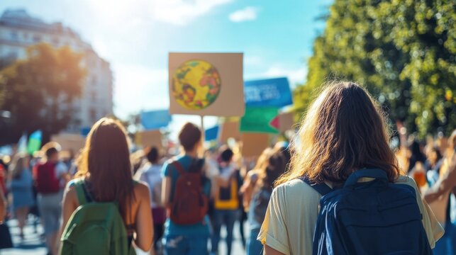 Group of people at climate march,  copy space