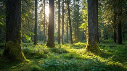 Obraz premium Sunlight streams through the tall trees of a lush green forest, casting long shadows on the ferns and moss-covered ground.