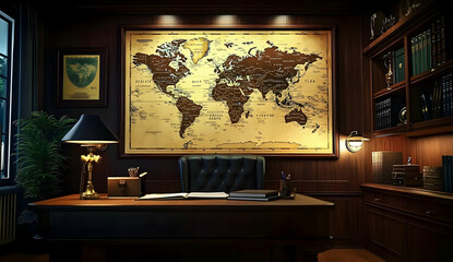 Elegant Large World Map in Sophisticated Office Setting