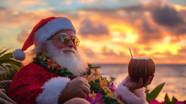 Santa Claus, wearing sunglasses and a lei, enjoys a coconut drink by the beach at sunset, blending holiday and tropical vibes.
