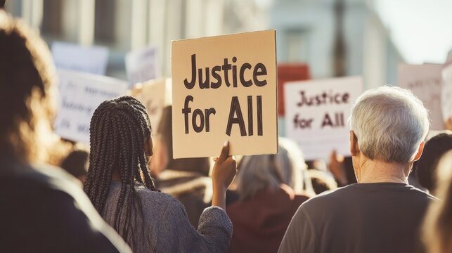 Crowd with "Justice for All" signs, diverse group including a young African American woman with braids, a middle-aged white man with short gray hair