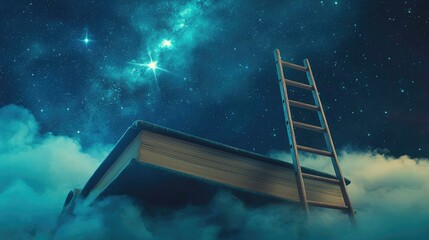 A ladder leaning against a book, leading up to the stars, symbolizing education and reaching for the sky