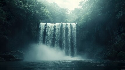 Waterfall with Mist Isolated on Black Background