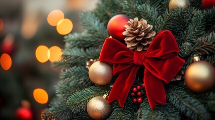 A festive Christmas wreath adorned with red velvet bows and golden ornaments, complemented by warm bokeh lights, creating a cozy holiday atmosphere with traditional seasonal colors.