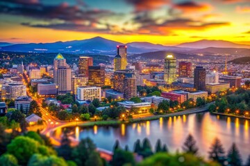 Fototapeta premium Breathtaking Portland OR Skyline at Sunset with City Lights and Iconic Buildings Reflecting in the Water - A