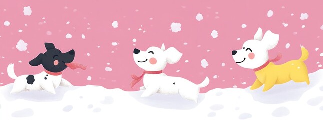 Three cute cartoon dogs running through the snow, playing in the snow, winter, pink background.