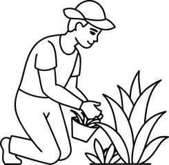 Continuous line drawing gardener works in the garden. Worker using scissors to cut green trees takes care of plants agricultural. Spring gardening outline. Man planting. One line art design vector.