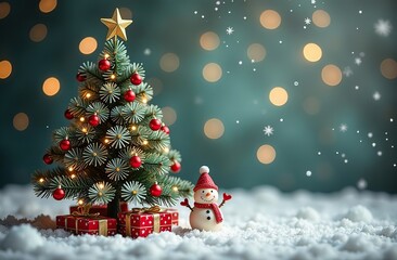 vintage style of Christmas greeting card with christmas tree and bokeh snow flakes, snowman decorations for celebration.