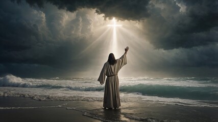 Jesus reaching out His hand to the sky