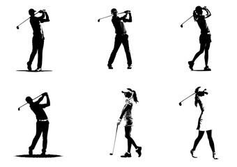 people playing golf in various poses isolated vector silhouette on white background