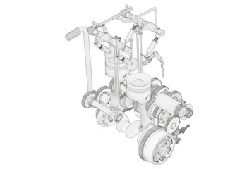 Two-cylinder engine on a white background.