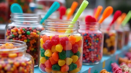 A vibrant display of assorted candies in clear jars with colorful spoons, featuring gummy bears, jelly beans, and fruit-flavored sweets, perfect for candy shops, celebrations, and joyful events