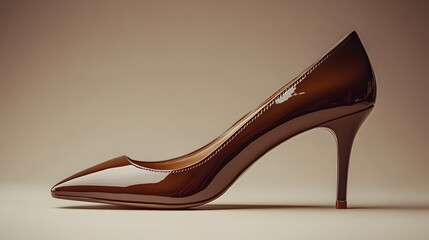 A deep brown patent leather pump with a classic stiletto heel and pointed toe, exemplifying an elegant women's shoe, highlighted by its glossy finish in professional product photography.
