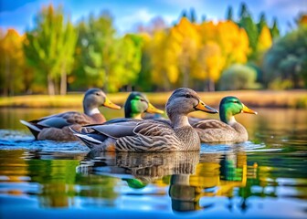 Obraz premium Captivating Grey Ducks Swimming Gracefully on a Serene Lake in Natural Habitat - Perfect for Wildlife and Nature