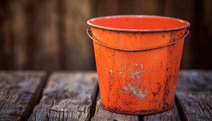Naklejka premium An old, rusty orange bucket sits on a weathered wooden surface, evoking a rustic charm and potential utility.