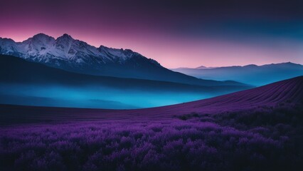 Obraz premium A serene landscape featuring purple fields and majestic mountains under a twilight sky.