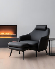 Stylish black armchair and ottoman beside modern fireplace in contemporary living room setting