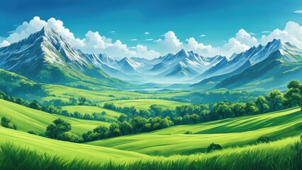 A serene landscape featuring lush green fields and majestic mountains under a bright sky.