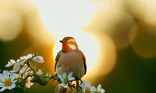 Tracking shot with side lighting: A charming tufted titmouse perched on a flowering branch. The camera starts with a close-up of the titmouse&rsquo;s distinctive crest and subtle plumage, then pulls back to