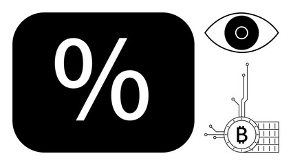 Large black rectangle with white percentage symbol. Eye graphic and Bitcoin icon with circuitry on the right. Ideal for finance, technology, cryptocurrency, blockchain, modern design