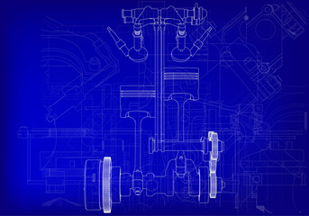 Two-cylinder engine on a blue background.