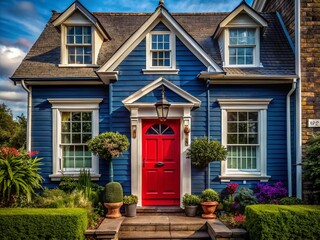 Naklejka premium Charming Dark Blue House with Striking Red Door - A Beautiful Contrast for Architectural Photography and Home Design