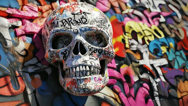 A white skull covered in colorful graffiti is displayed against a backdrop of more colorful graffiti