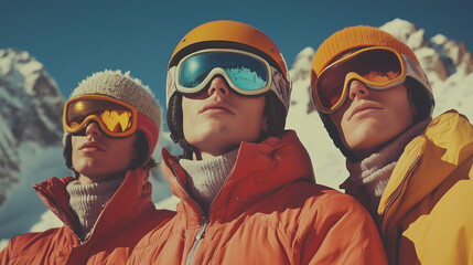 retro photo of three men in ski resort in the mountains 