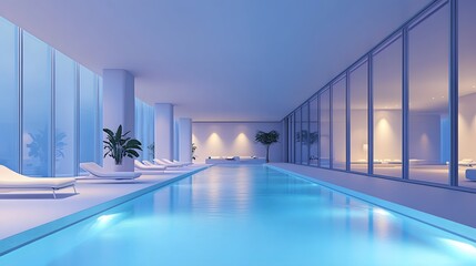 A luxurious indoor swimming pool with modern architecture, featuring floor-to-ceiling windows and illuminated blue water, a tranquil atmosphere of contemporary luxury at night.
