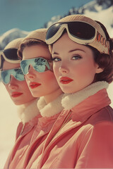 vintage portrait of beautiful women on the ski resort in the mountains 