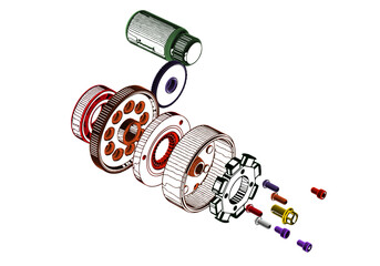 Rotor, stator and other parts on a white background.