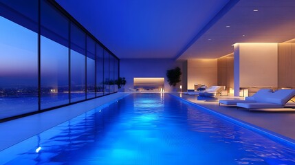 A luxurious indoor swimming pool with modern architecture, featuring floor-to-ceiling windows and illuminated blue water, a tranquil atmosphere of contemporary luxury at night.