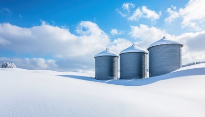 Obraz premium Three silos stand in a snowy landscape under a bright blue sky, showcasing a serene winter scene.