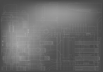 Mechanical engineering drawings on a gray background.